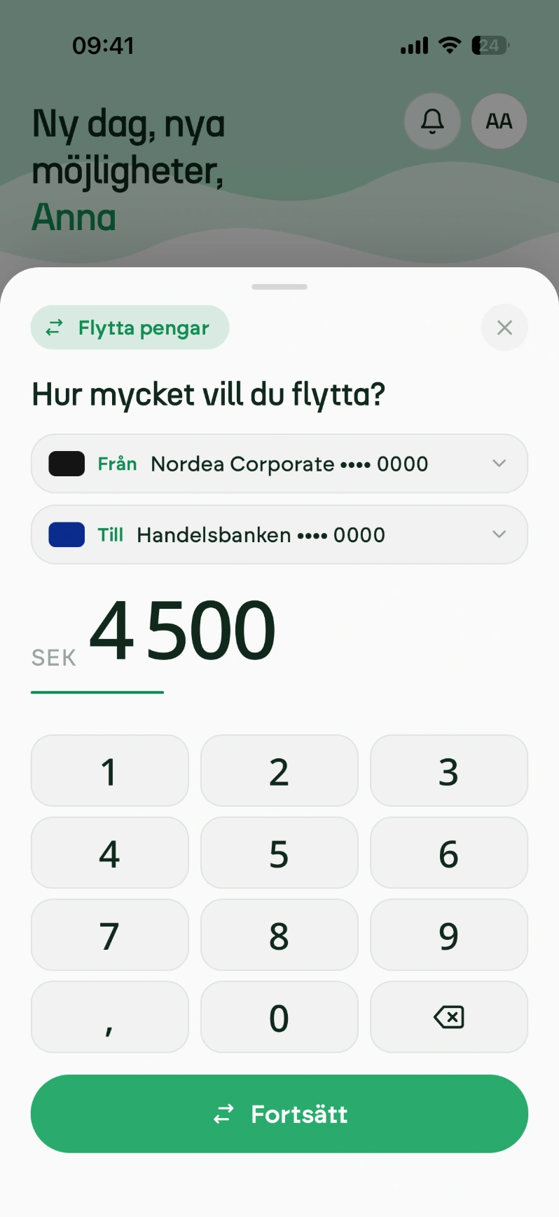 FLIQ app — moving money between accounts, light mode